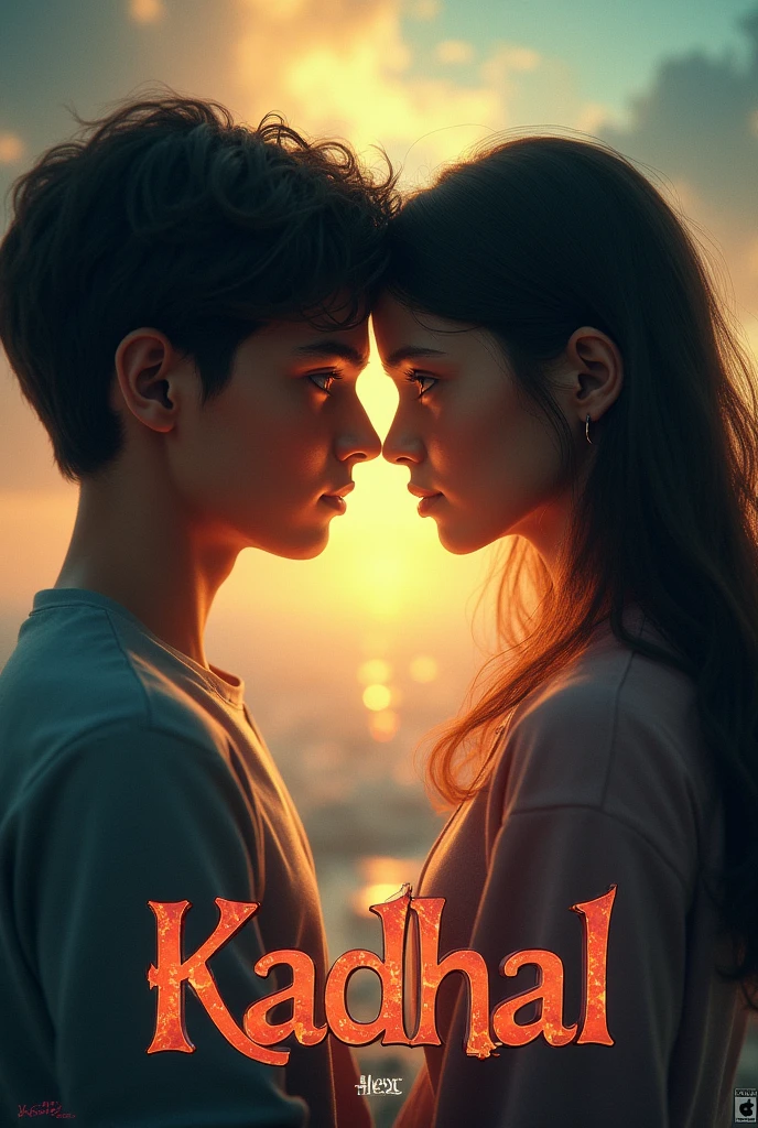 Background with two boy and girl who are separated the title kadhal at the bottom big director Abi and at the bottom music Alex