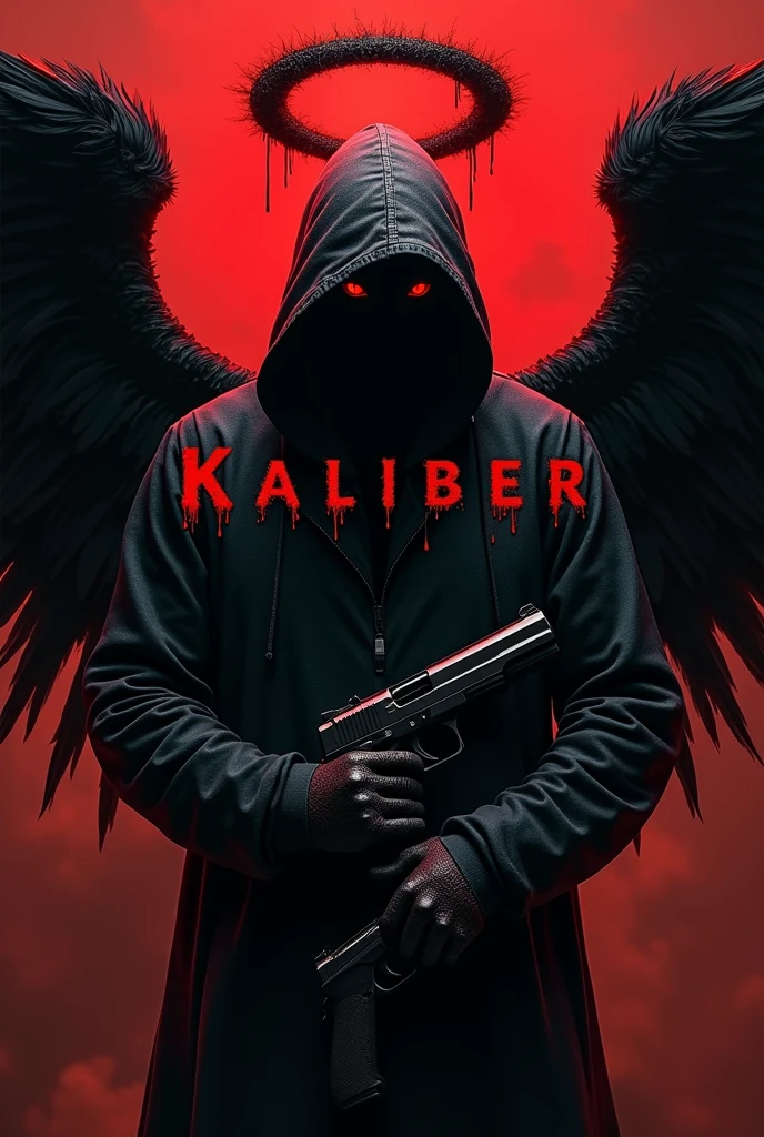 Black hooded man, mysterious, black angel wings, red eyes, bloody angel halo above head, bloody background, holding two guns with word “kaliber” in large text below it, hyper realism, logo