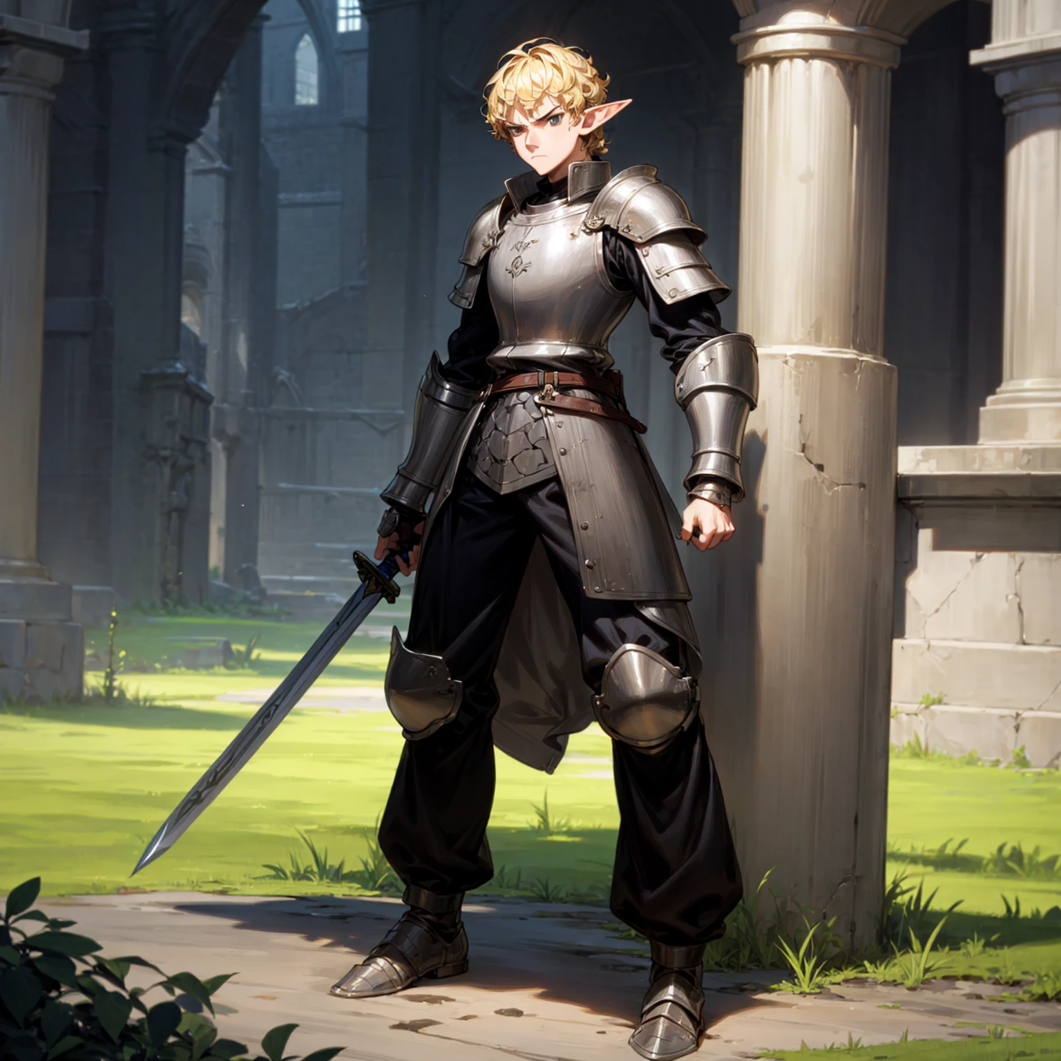 Solo character, full body version, man, tall height, (elf), black eyes, blonde color hair, Curly haircut, soldier knight clothing, heavy armored, long pants, boots, outdoor, town, medieval, standing gesture, detailed background, detailed clothing, detailed hair, (one piece style art), sword in hand, angry eyes