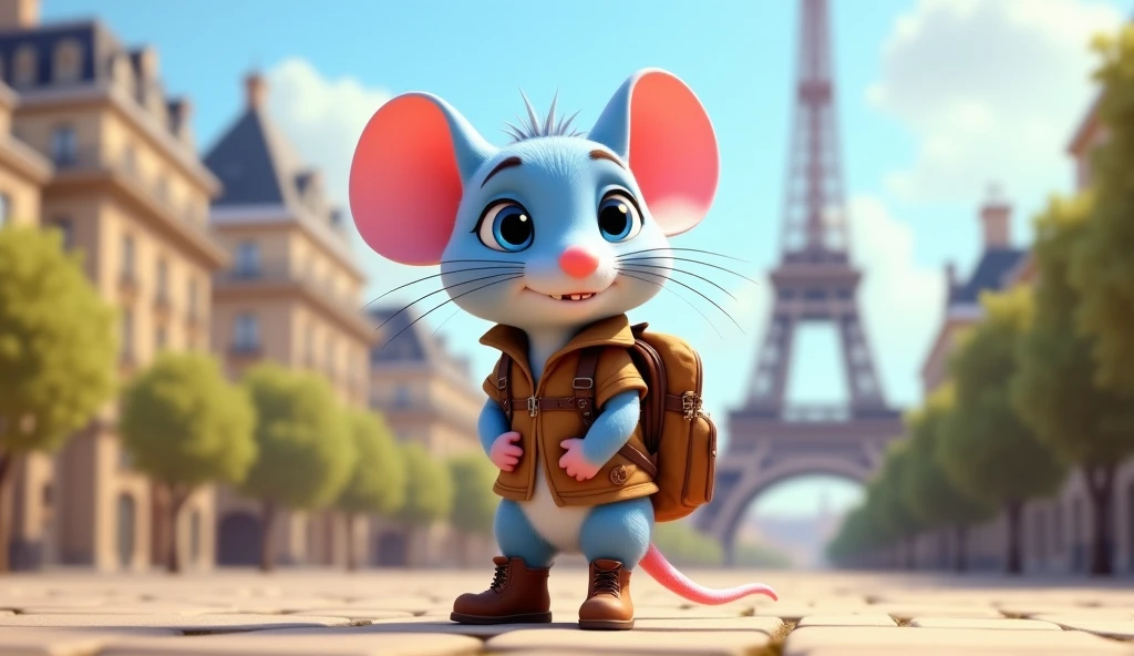 A charming 3D animated scene featuring a small light blue mouse, dressed in a brown explorer's vest, a small backpack on its back, and tiny explorer boots. The mouse stands in front of a Parisian backdrop, with the Eiffel Tower visible in the distance. The mouse has a determined and excited expression, ready to explore the city. Its big, round blue eyes are filled with anticipation, and its pink tail curls slightly behind it. The scene is vibrant and full of adventure, capturing the mouse's readiness to explore Paris. Pixar-Disney style, DIGITAL ART.