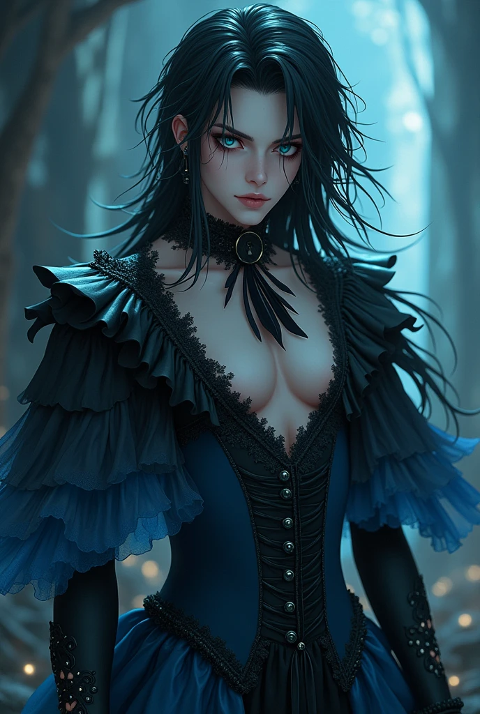 Long black hair, Teal blue eyes, Male, Blue and black frilly gothic clothes, Surrealism, Sexy, Masterpiece, Shiny, Gloomy effects, 8k, super detail, Shiny, Beautifully detailed, Pretty drawn. Anime style. Sexy pose, hot.