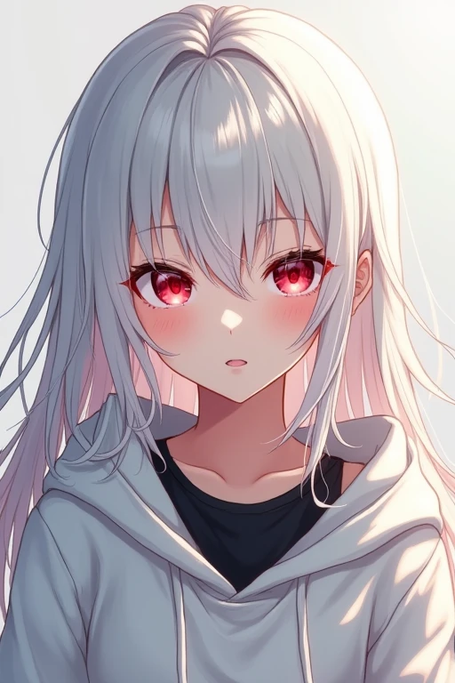 A beautiful anime girl with long white hair and red eyes wearing a white hoodie over a black shirt