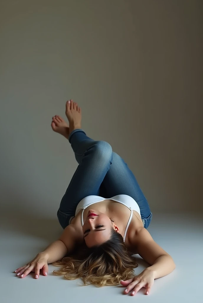 Sexy 40 year old white skinned mother, Big slim ass in jeans and tight white bra, lying down with your legs open 