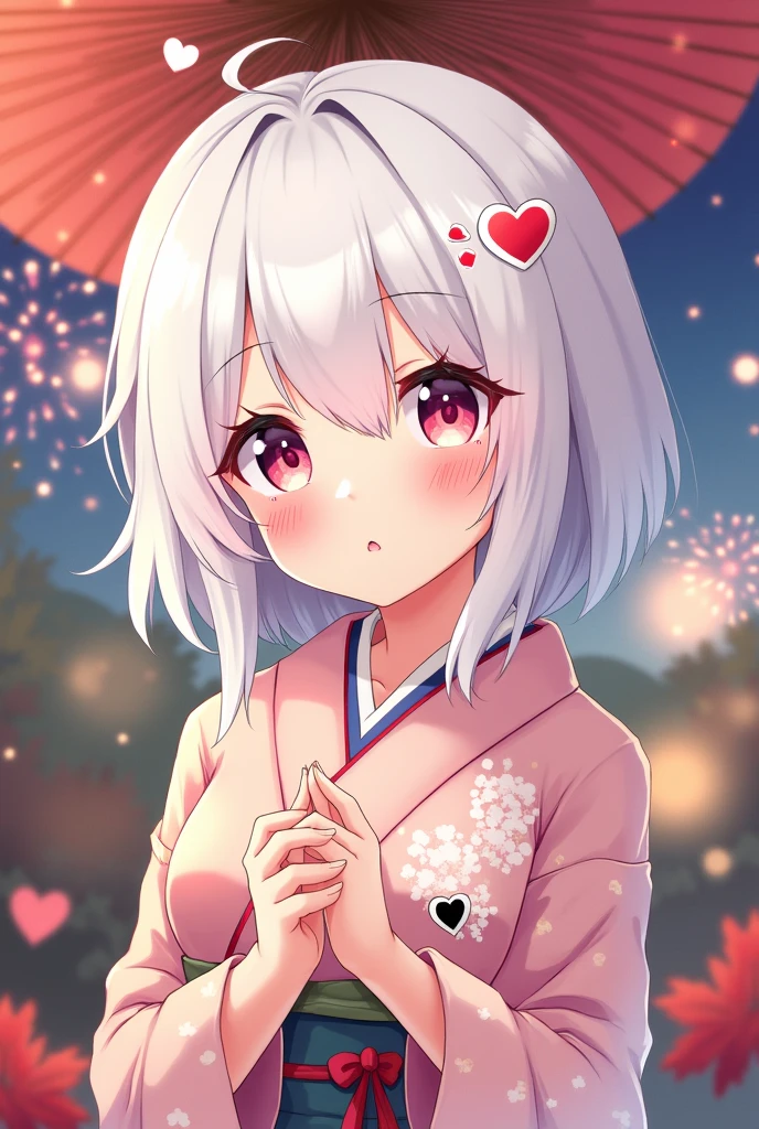 Anime illustration icon, cute white hair, older sister, red and black heart sticker on right cheek, black heart sticker is smaller than red heart sticker, upper right, kimono, Japanese umbrella background, autumn leaves, lots of fireworks, Night braids Black heart on the right cheek