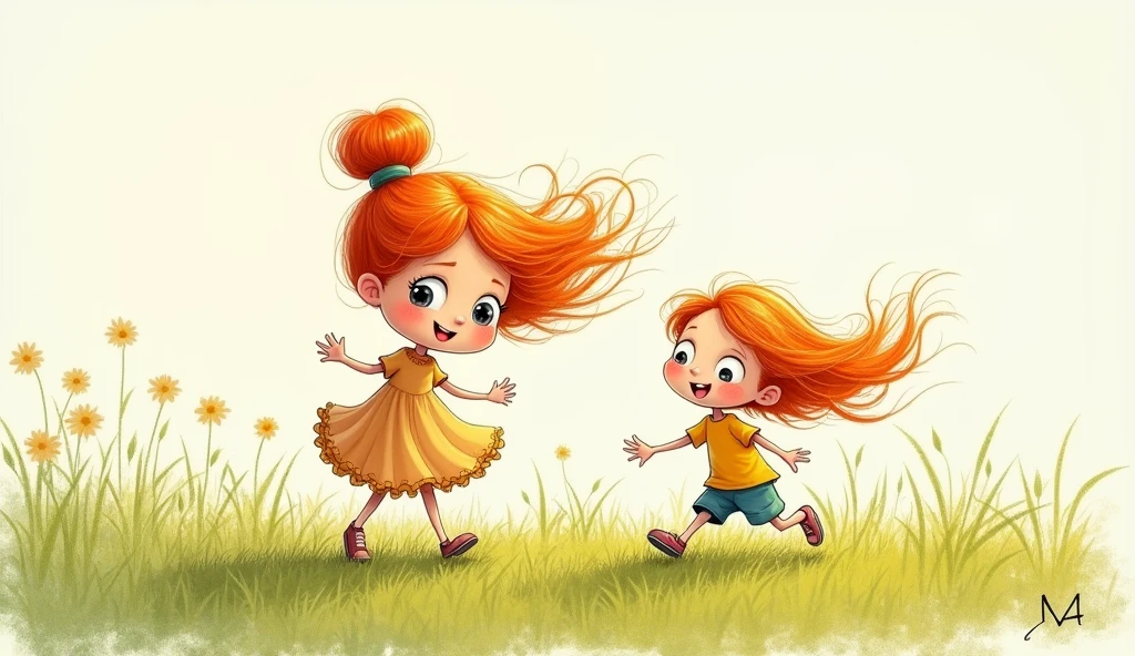 A pencil sketch drawing colourful of a mother and daughter with orange coloured hair .mother have hair bun tie up hair . and daughter have open hair blowing with wind playing in the fields with fast air blowing daughter hair. Both have big facial features , big eyes and big face .skin color is light skin .
Cartoonic image pencil sketches .not too much detailed rough image .and create it a first page of the book add toand from options in image lighting should be light. Not bright