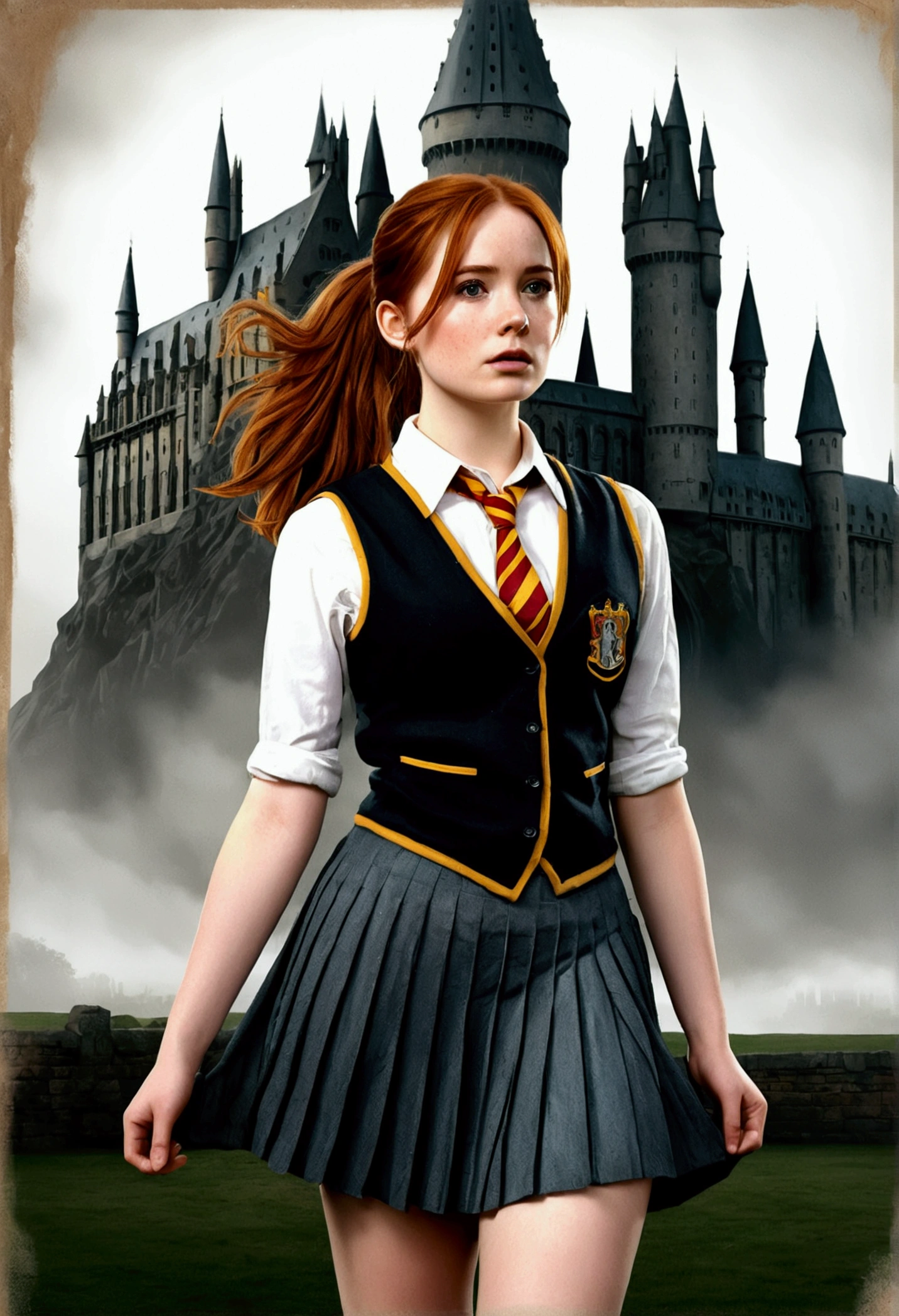An illustrated movie poster, hand-drawn, full color, a female Hogwarts student, 18 years old, wearing a charcoal vest and a pleated skirt, tall, toned, amazonian stature, athletic hourglass figure, full wide hips, massive round butt, long shapely legs, ridiculously thick powerful thighs, auburn hair, messy ponytail, flushed sun-kissed complexion, freckles, resembkes Karen Gillan, standing in front of Hogwarts Castle, surrounded by mist, graphite shading, stencil marks, airbrushed acrylic paint, masterpiece, in the Deathly Hallows