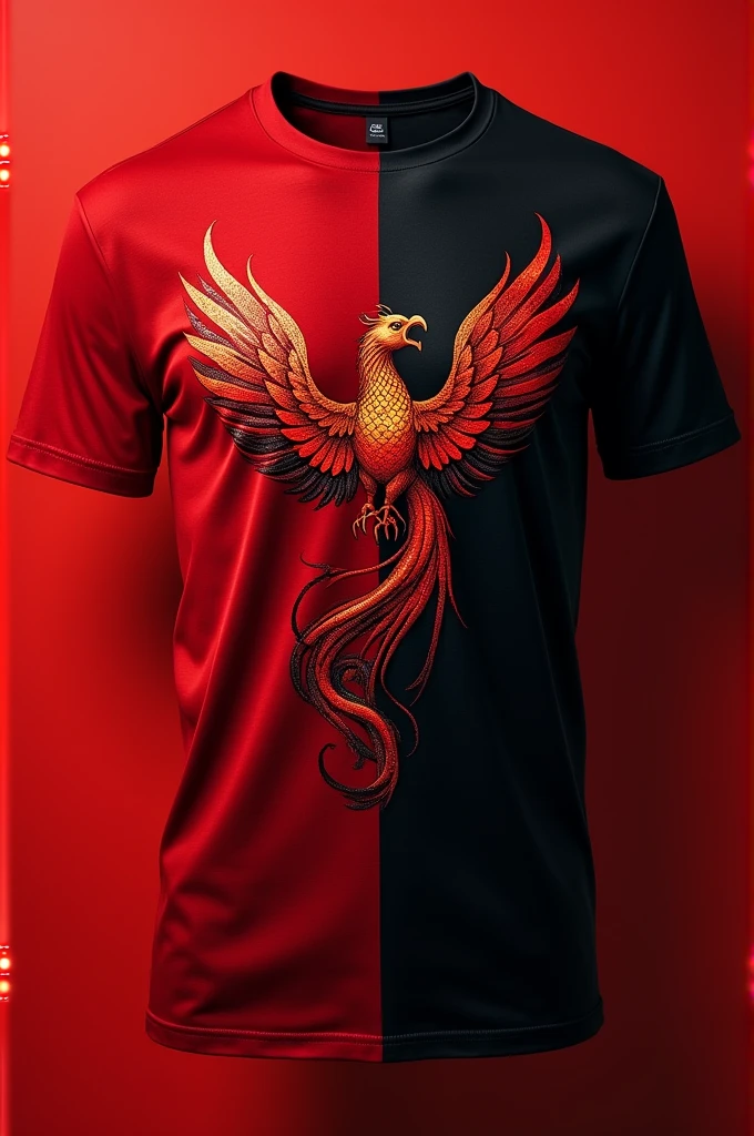 T-shirt divided by the red and black chest with a phoenix on the chest details in the red color

