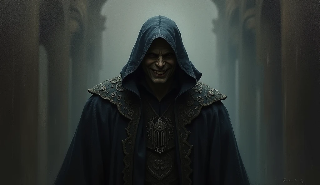 oil painting, foreground, man in dark ornate robe, face in shadow, evil smile