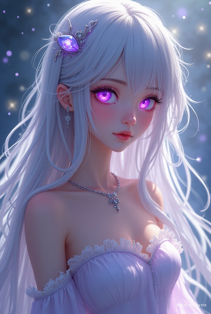 A mysterious beauty that fascinates like magic. She has amber-purple eyes that sparkle like gems and silver hair that flows like water. Anime