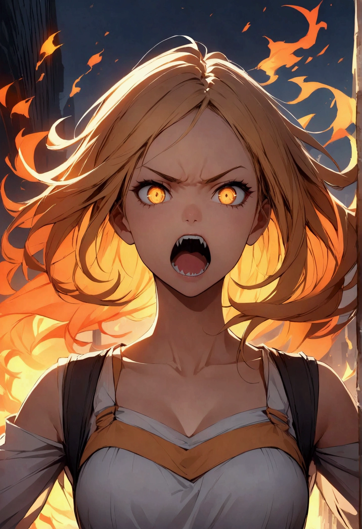 Digital illustration featuring a dramatic and intense scene. The layout centers on a female figure engulfed in vivid, roaring flames. The subject has a fierce expression with wide, glaring eyes and an open mouth, showing sharp teeth. Her skin is light, and her hair, which appears to be red or orange, blends seamlessly with the fire. The background is dark and urban, with hints of buildings and city lights, adding to the chaotic atmosphere. The flames are rendered in bright yellows, oranges, and reds, creating a stark contrast with the darker background. The overall style is dynamic and highly detailed, emphasizing the intensity and emotion of the scene.