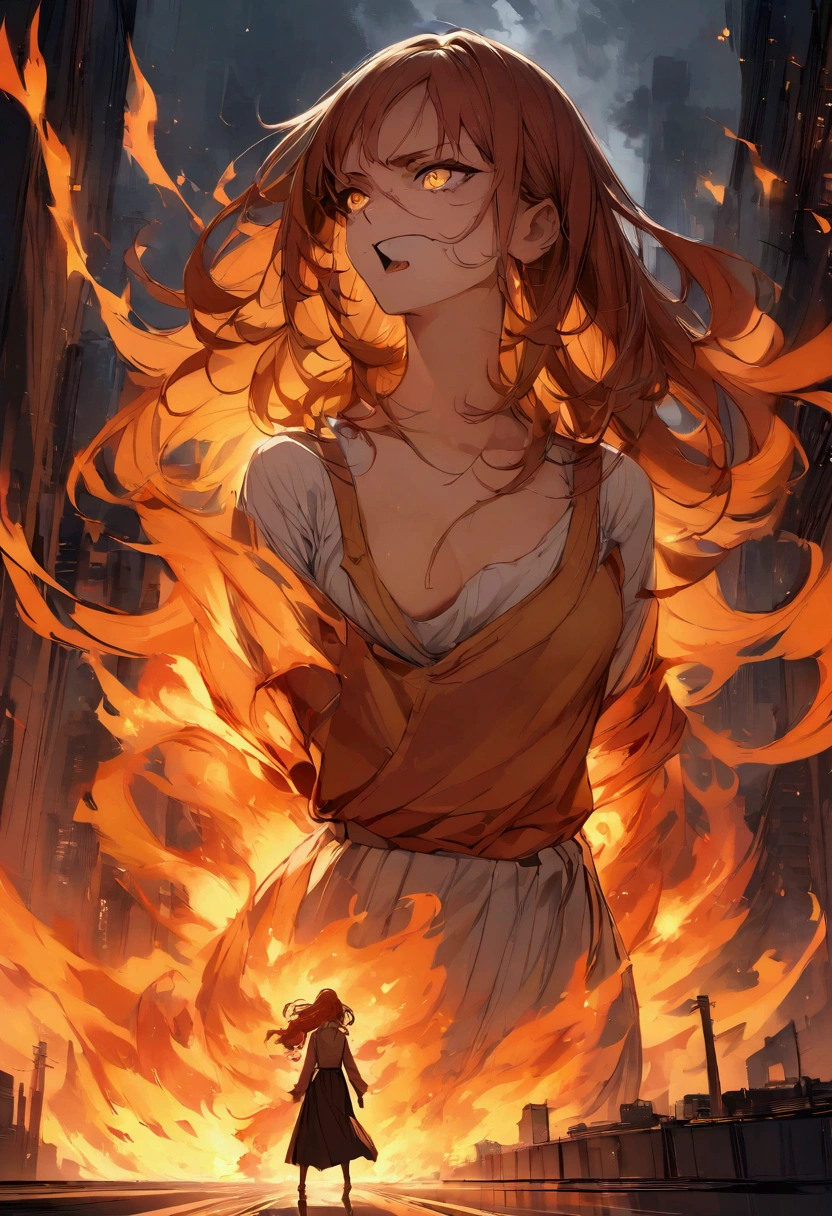 Digital illustration featuring a dramatic and intense scene. The layout centers on a female figure engulfed in vivid, roaring flames. The subject has a fierce expression with wide, glaring eyes and an open mouth, showing sharp teeth. Her skin is light, and her hair, which appears to be red or orange, blends seamlessly with the fire. The background is dark and urban, with hints of buildings and city lights, adding to the chaotic atmosphere. The flames are rendered in bright yellows, oranges, and reds, creating a stark contrast with the darker background. The overall style is dynamic and highly detailed, emphasizing the intensity and emotion of the scene.