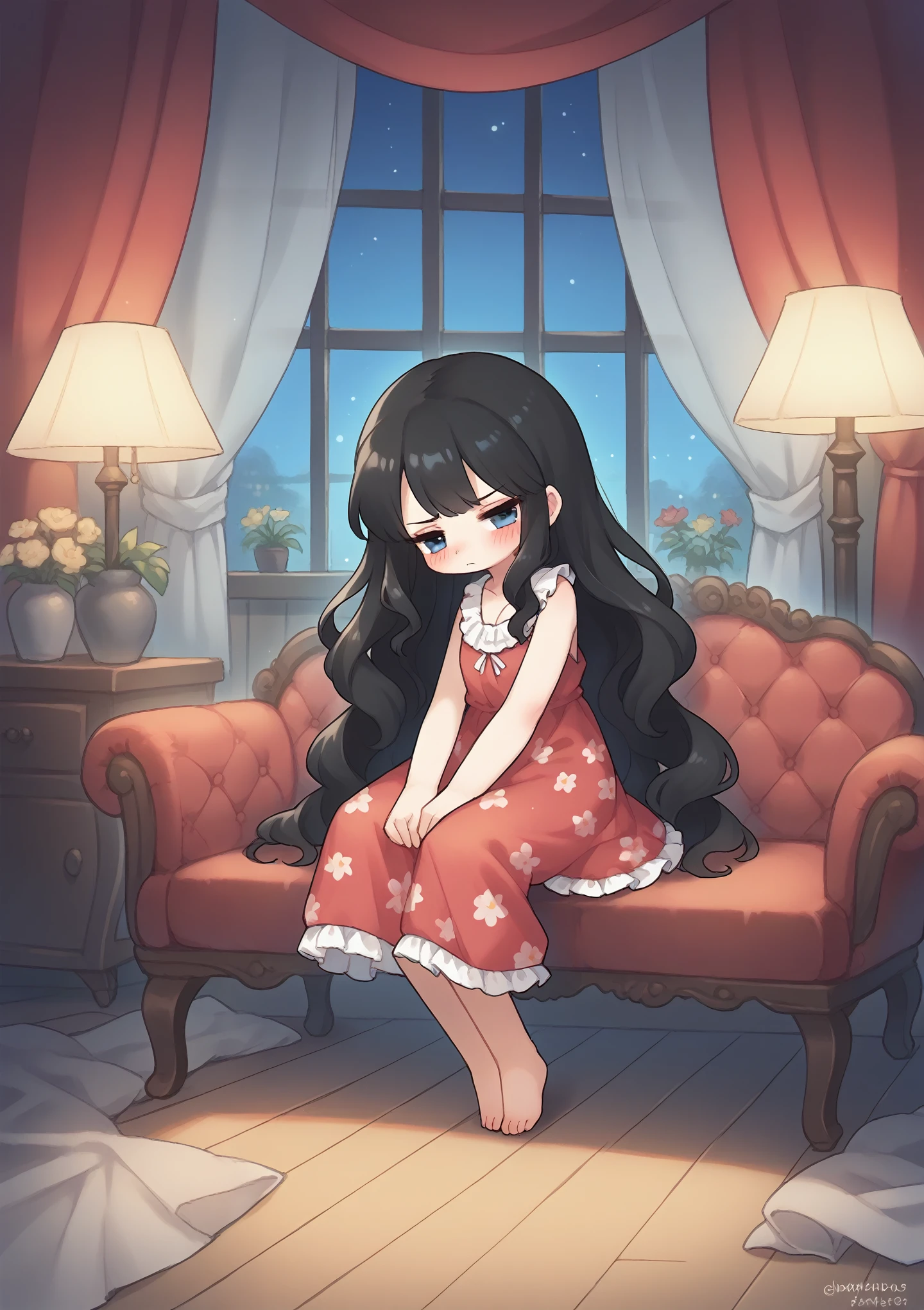 night,curtain,European Classical Style,warmthMiss、Black long hair,Blue Eyes,Pout,blush,vase,Deep red floral pajama dress,night,Outside the window,curtain,European Classical Style,warmth,Classic sofa,(Black hair),Floor lamp,barefoot