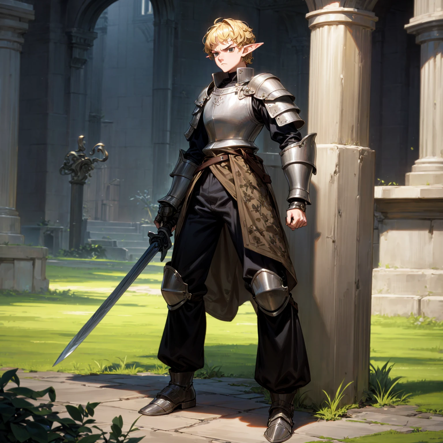 Solo character, full body version, man, tall height, (elf), black eyes, blonde color hair, Curly haircut, soldier knight clothing, heavy armored, long pants, boots, outdoor, town, medieval, standing gesture, detailed background, detailed clothing, detailed hair, (one piece style art), sword in hand, angry eyes 