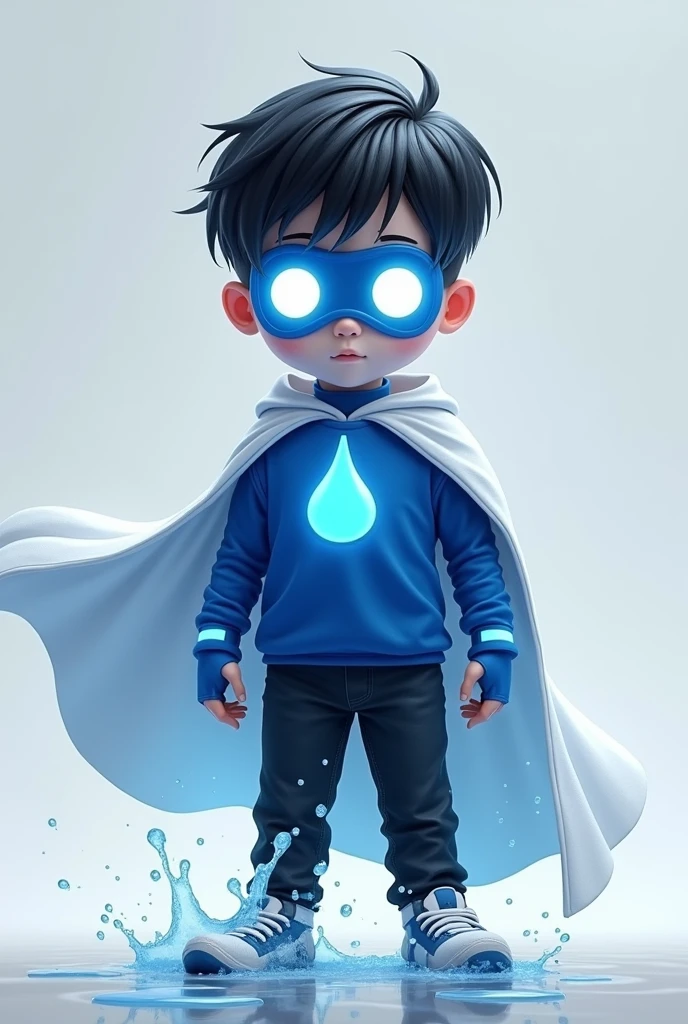 Create an image of a teenager with water powers, This teenager is and is wearing a costume with a blue shirt with the symbol of a white drop in the middle., he wears a blue mask with completely white eyes, and also wears black pants with a white cape, This teenager has white skin and black hair, He is a little chubby and is 1 meter 50, he has short, coarse hair.