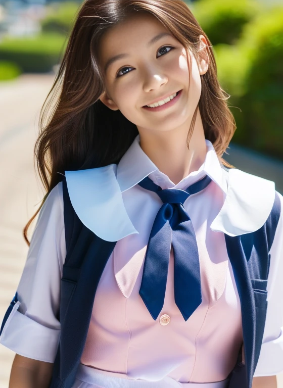 ((((masterpiece, Highest quality, High resolution)))), Extremely detailed 8K, スリムな体を持つsexyな美しい18歳の女性, (Ultra HD, Very detailed, Composition above the knees,Very detailed, Very realistic, Ultra-realistic, Photo Real),{ Deep writing depth, (Godley:1.2), (bounce front lighting:1.1), (Soft and diffuse lighting:1.6) } (One person:1.5), long wavy brown hair, (ダイナミックなsexyなポーズ), (Very delicate and natural hair:1.3), To the camera, A light smile, (Large and firm breasts: 1.2), (Very delicate and natural face, Very delicate and natural eyes:1.3),(Very delicate and natural clothing:1.2),(Wearing school uniform, Chest button not fastened, The chest area of the uniform is wide open, I can see your chest:1.6) (Pink nipples sticking out:1.3), Shine, Very sweaty, (Light of the sun, sunlight), sexyな長い脚,sexy, blush, (Ultra-realisticな広大な風景, photogenic scenery:1.1), A big, modern and luxurious city, coastal, Very windy day, Hair blowing in the wind