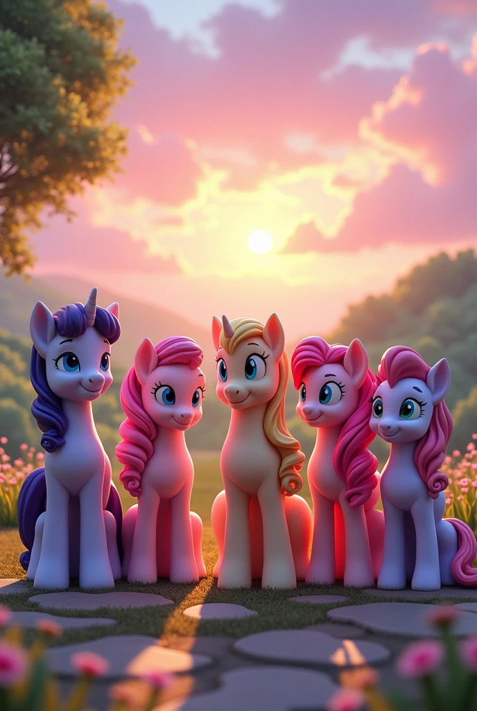 Dusk Shine Statue and Fluttershy Statue and Rainbow Dash Statue and Pinkie Pie Statue and Rarity Statue and Applejack Statue