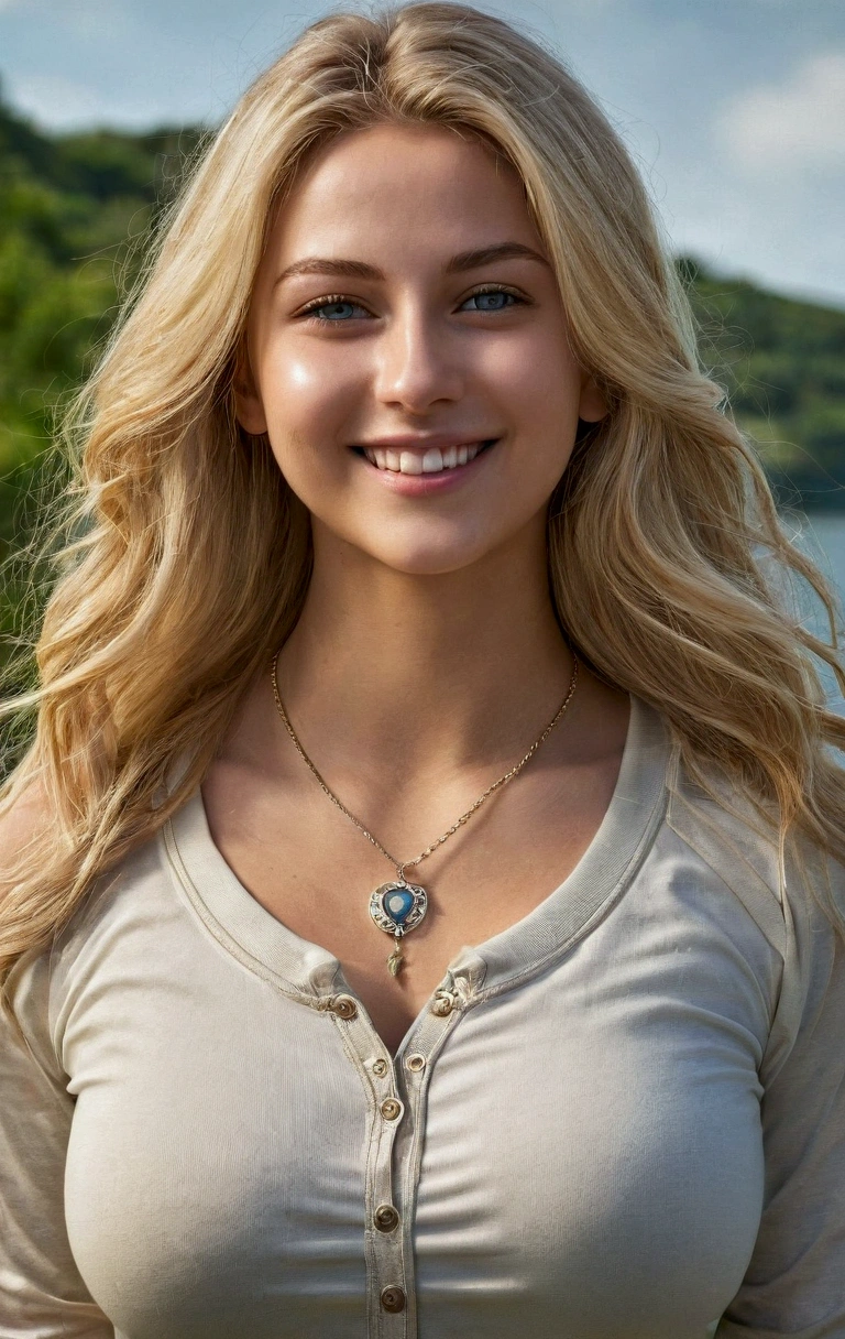 1girl in, 25-years old, Long hair, cleavage of the breast, Look at viewers, blonde hair, Model body type, full body, A detailed face, A detailed eye, Detailed nose, Detailed mouth, a necklace, with a flashy sport top, Realistic, Happy smiling face, Nature views, top-quality, Photorealsitic, Raw photo. 8K, ​masterpiece