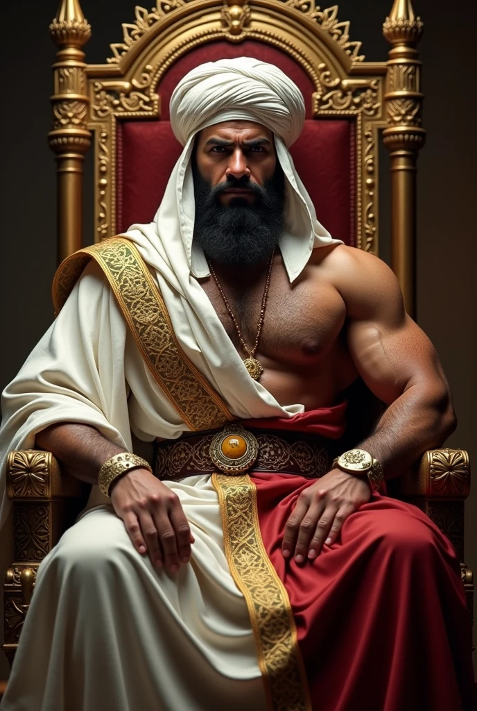 In ancient Islamic times, a man with a strong body. He has a turban. He sits with confidence, tall and majestic, intimidating the enemy. He places his hands on both feet. The clothes define the strength of his body. White. He is sitting on the throne of the Caliphate. A luxurious, luxurious throne. Behind the throne. High quality realistic facial features.