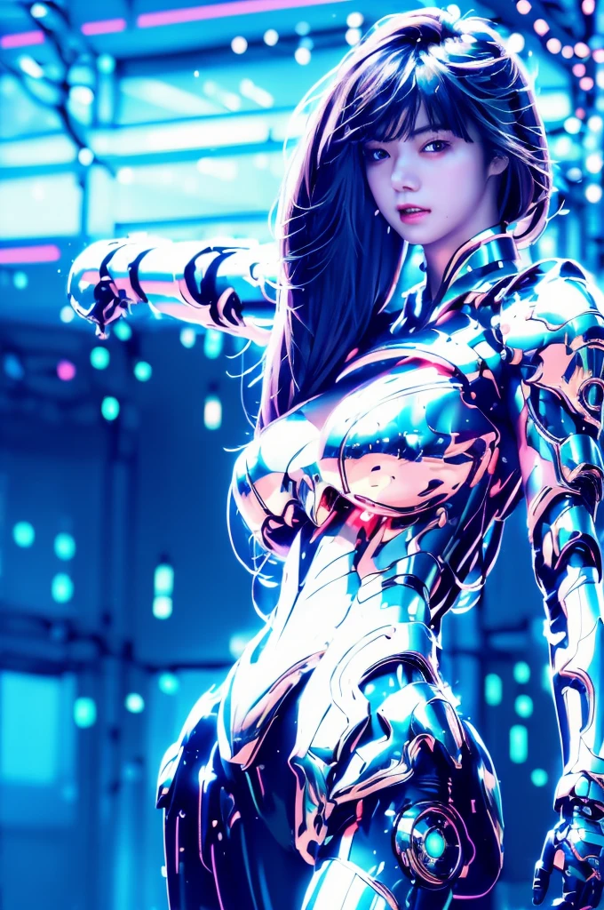 Highest quality, masterpiece, figure, (Realistic, photo-Realistic:1.37), wonderful, In detail, Incredibly absurd, Large file size, Very detailed, High resolution, Very detailed CG Unity 8k wallpaper, Very detailed目と顔, Ray Tracing, Browsing Caution, NUDE, One girl, Korean cyborg girl is innocent and young々Has a sly expression. She poses boldly with her arms raised above her head, Revealing her voluptuous figure. She is wearing a small black mecha armor top that barely covers her breasts., Exposing most of her flawless skin. Her shoulders and head have more armor detailing.、There are shining highlights, Tech Panels and Mechanisms. She is standing against a futuristic cityscape lit up with vibrant neon lights.、Standing full of energy。.