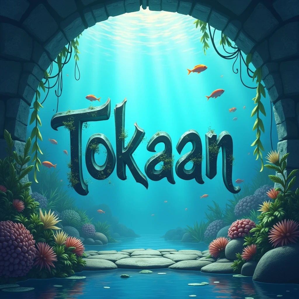 Make me an ocean-themed streamer background with Tokaan written on the wall