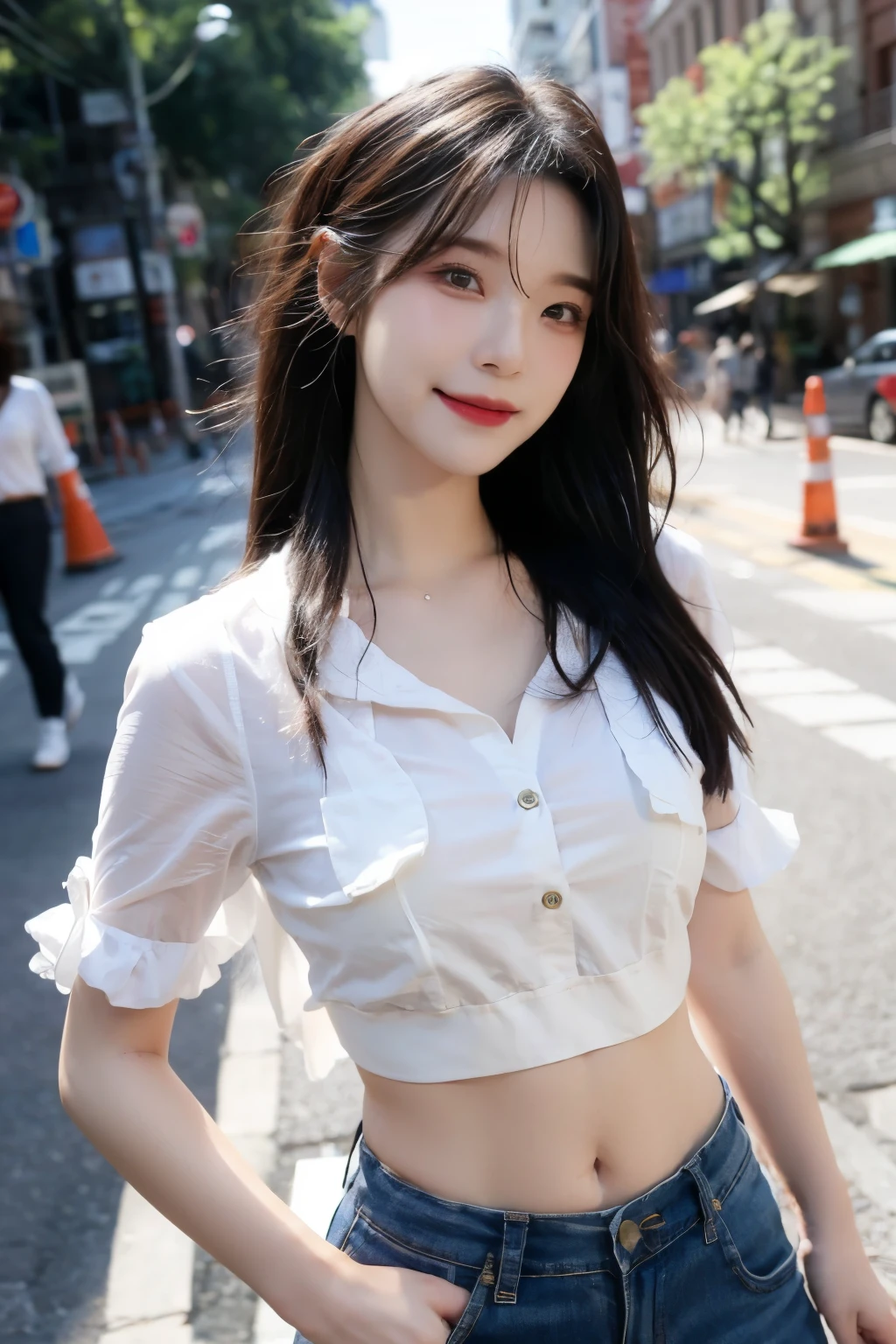 ((Best quality, 8k, Masterpiece: 1.3)), Sharp focus: 1.2, A beautiful girl with perfect body: long hair, Slim abdomen: 1.2, ((layered haircuts, Small breasts: 1.2)),  (Thin, damp buttons，Up to shirt length: 1.1), (White shirt), (sunny, street), Highly detailed face and skin texture,  Detailed eyes, double eyelid, sexly, Conque, in the Seoul, smiling :0.8, Jiheon 