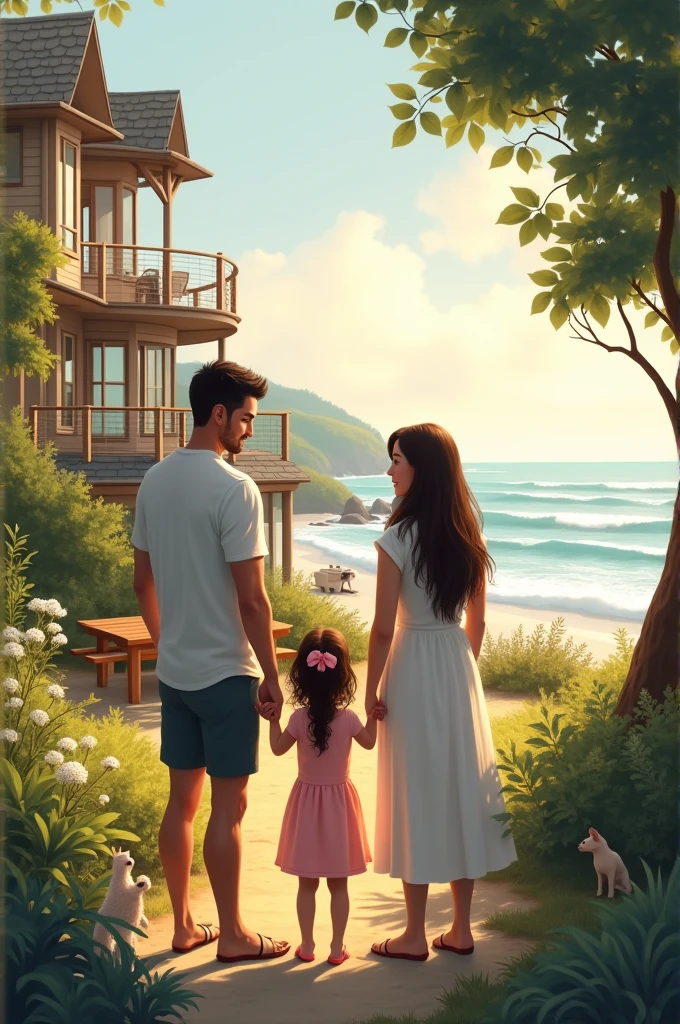 Husband with his wife and with their
girl child and standing on there beautiful home near seashore