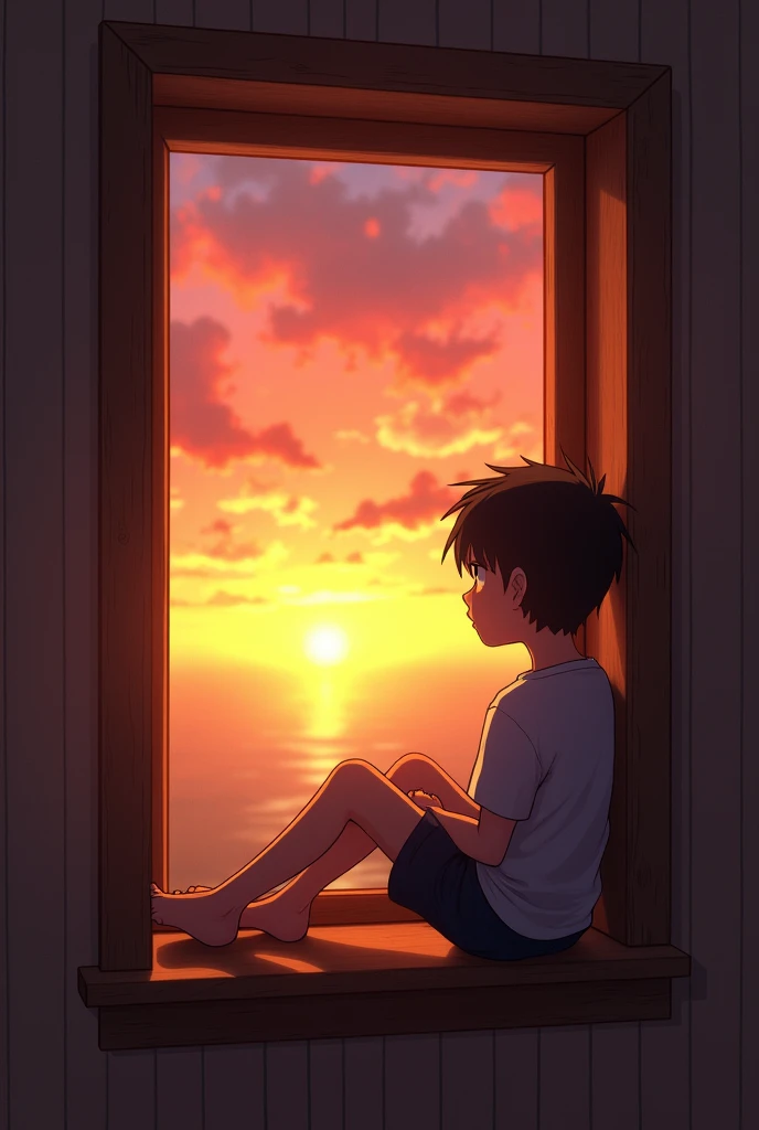 A 12 year old boy sit in the wall and the background is sunset
Add a room and he will sit at window
Add a realistic sunset
