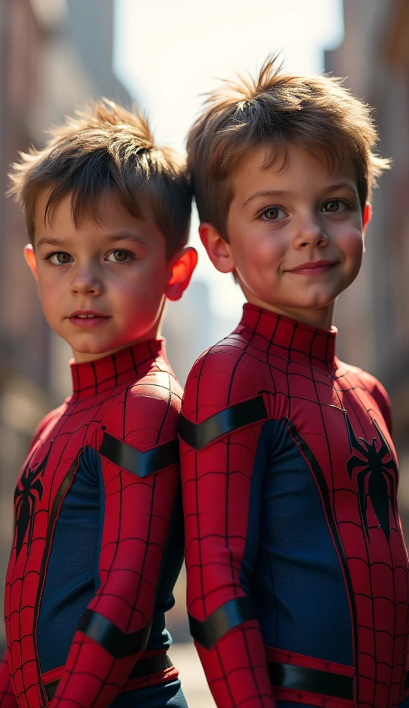 2 cute little boys as spiderman do not wear mask, s old and 8 year facing camera, look at the camera, extremely detailed portrait, beautiful detailed eyes, beautiful detailed lips, extremely detailed facial features, detailed superhero costume, superhero poses, dynamic action, vibrant colors, cinematic lighting, epic fantasy, digital art, 8k, high resolution, hyper detailed, photorealistic