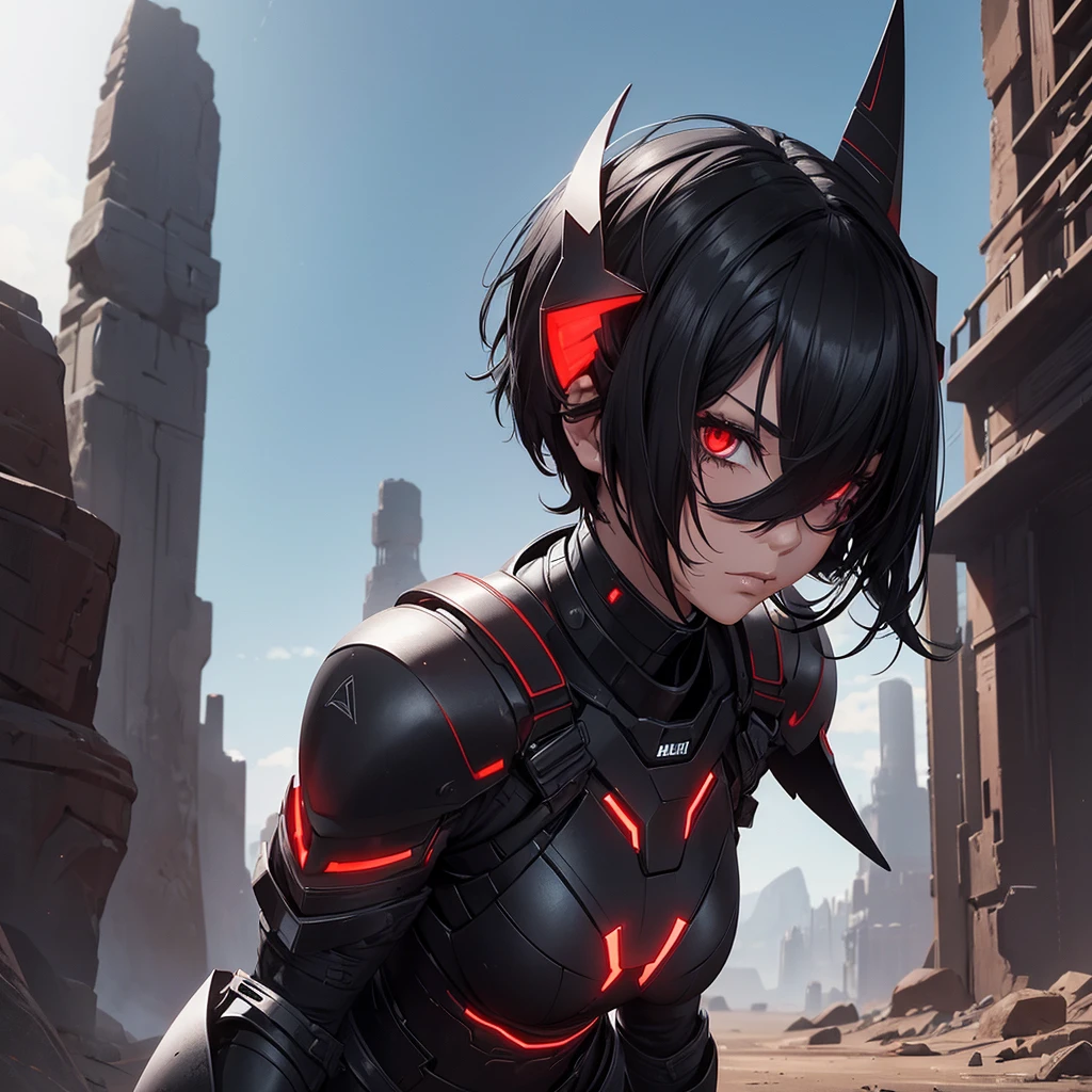 Create a female humanoid alien. She must have a black futuristic armor with red details, she must have a more mature and older face. She has to have technological horns.