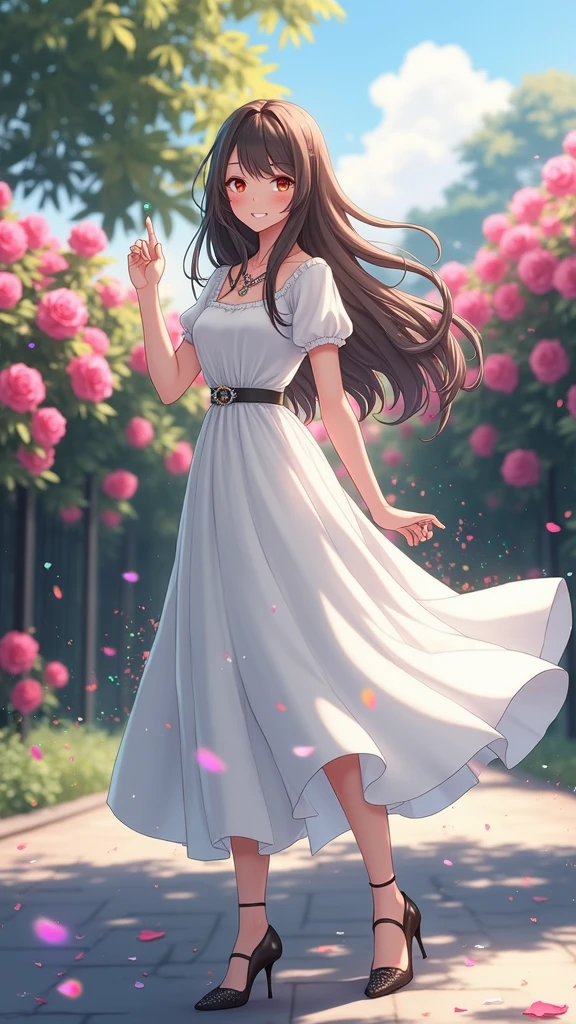 (masterpiece、Highest quality、8k、High resolution)、(One female、Beautiful Face、Beautiful eyes、Beautiful lips、Beautiful nose)、smile、The white upper teeth are faintly visible、Brown-black hair、(The best girl in anime)、garden、blue sky、Colorful flowers are blooming、Vibrant colors、Red roses are beautiful、(Body、whole bodyから神秘的な光の粒子、Colorful light particles、A mysterious light glowing around the head)、melt、jewelry、necklace、dress、(whole body)、Highly detailed anime art、A complete portrayal、