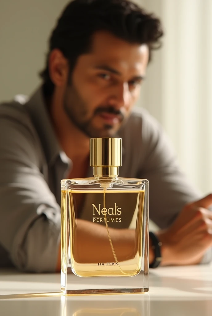 Square clear glass perfume bottle with logo Neal's Perfumes and cylindrical golden cap . Hritik roshan in Background 