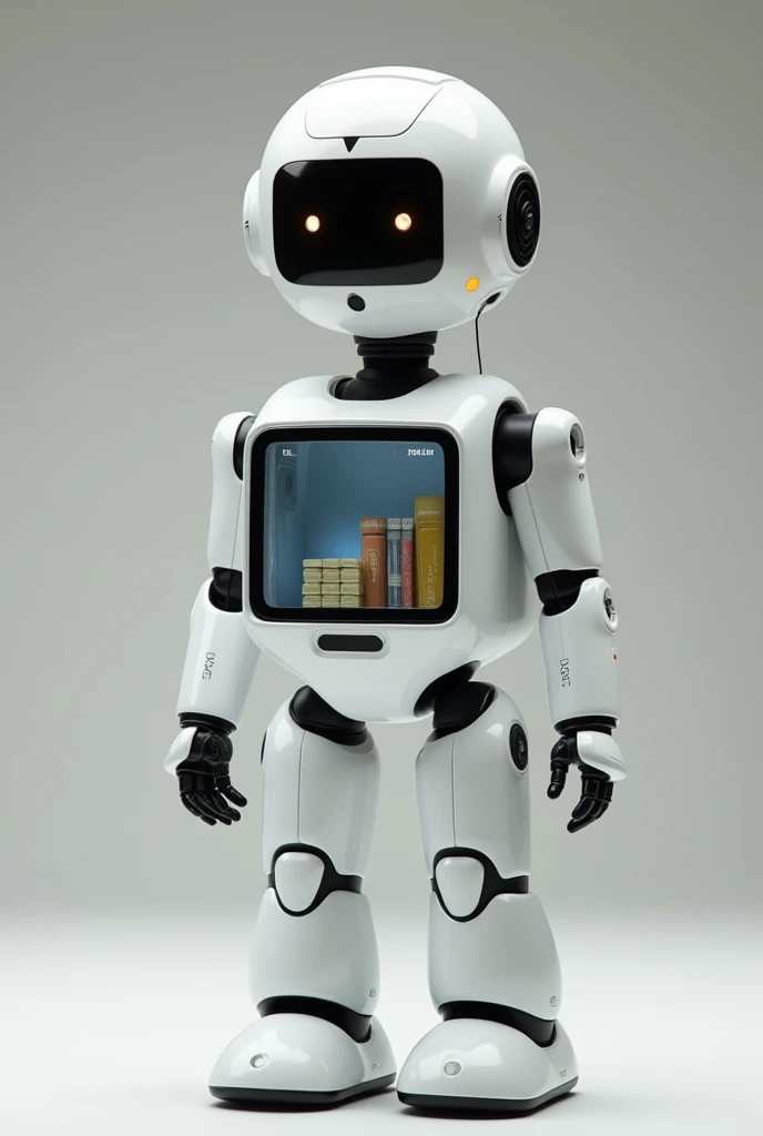 Cute and friendly Service robot with no legs nor arms that can put something inside its square body, tall and have transparent display . Mostly white colour. And slightly black