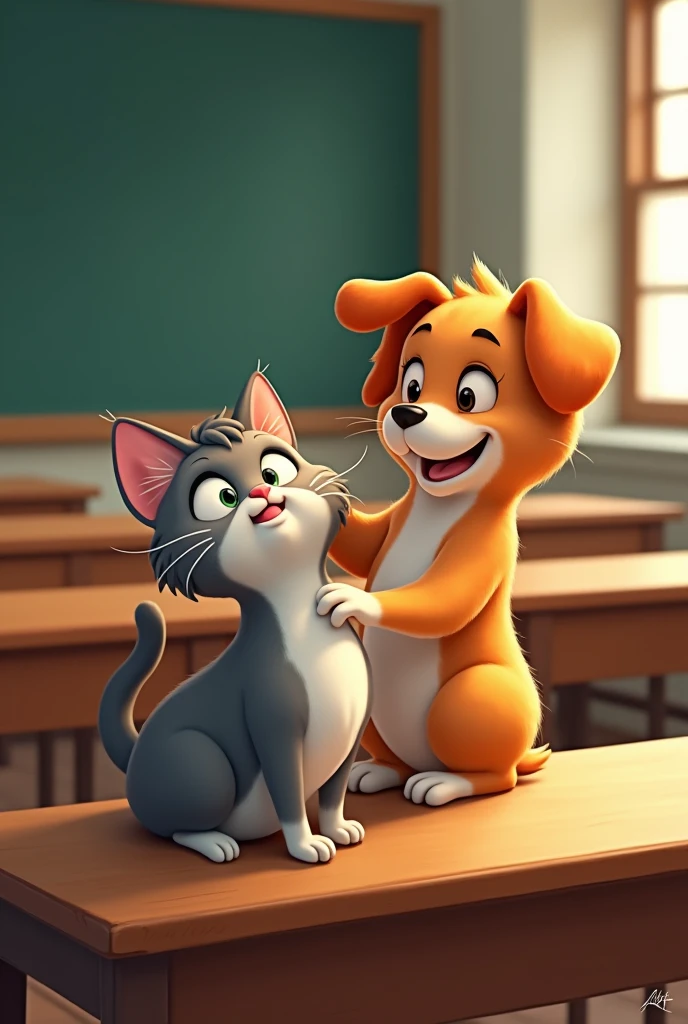Dog show his hand on cat in class room bench