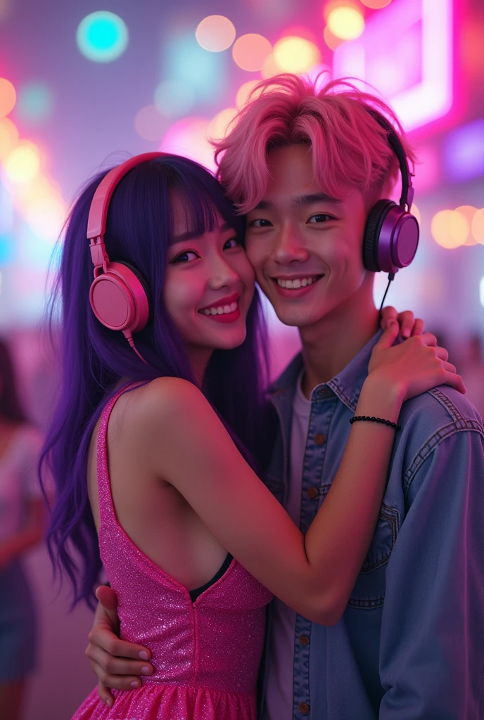Korean purple hair butterfly woman with headphones and neon pink glitter dress hugging and young man with pink hair white man friends friends photo that shows friendship and talks about country make a music video cover white man