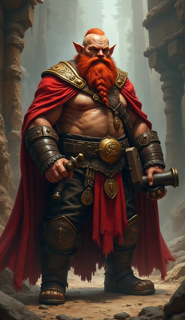 Japanese closed, arafed, (male: 1.3), dwarf, (Masterpiece, intense details: 1.5) full body, red cloak with (Hammer and anvil symbol: 1.1), flowing cloak (holy symbol sun: 1.2), red hair, long braided beard, hair strand, frown, serious, high detail, Realism, Action painting, depth of field, god rays, wide shot, panorama, Ultra-Wide Angle, UHD, super detail, high quality, photorealism, 16K, highres