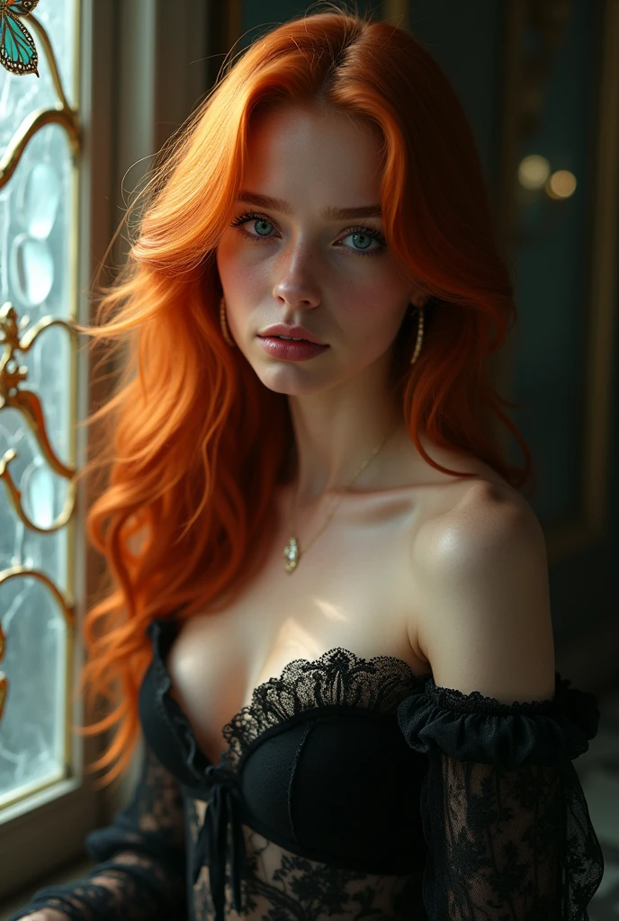 (solo, full body photo:1.3), (action packed:1.3), (haze, fog, mist:1.3), chiaroscuro, best quality, photorealistic, 1woman, (cute), (24yo:1.2), redhead, long ginger hair highly detailed, 1700'S, digital photography, art by artgerm and ruan jia and greg rutkowski surreal painting gold butterfly filigree, broken glass, (masterpiece, sidelighting, finely detailed Fashionable eyes: 1.2) (perfect oval large eyes that gazes at the viewer), beautiful detailed face, blue gorgeous perfect eyes, (blonde hair ponytail), (attractive young woman:1.3), (thick amazing hair), (seductive:1.1), (blushing:1.1)