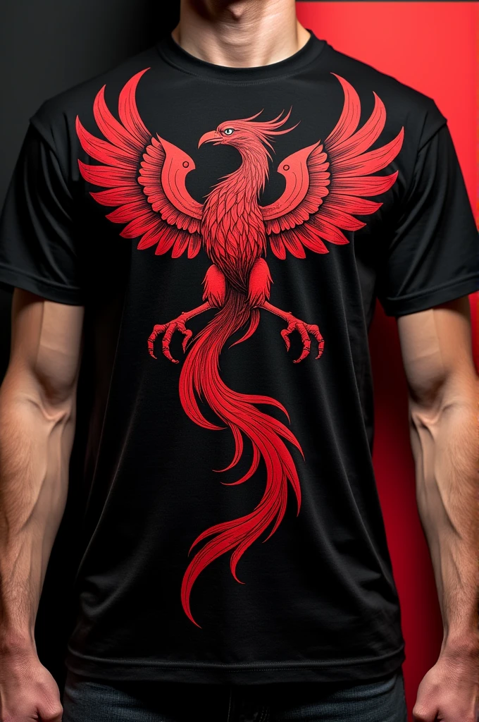 T-shirt divided by the red and black chest with a phoenix on the chest details in the red color more details on the shirt