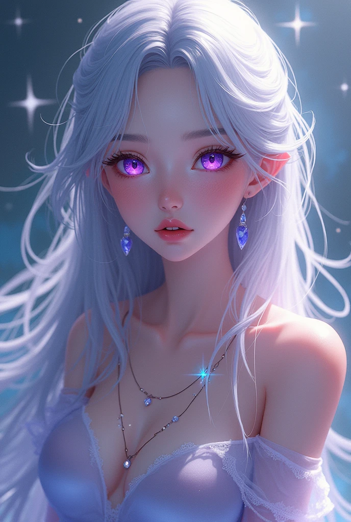 A mysterious beauty that fascinates like magic. She has amber-purple eyes that sparkle like gems and silver hair that flows like water. Anime