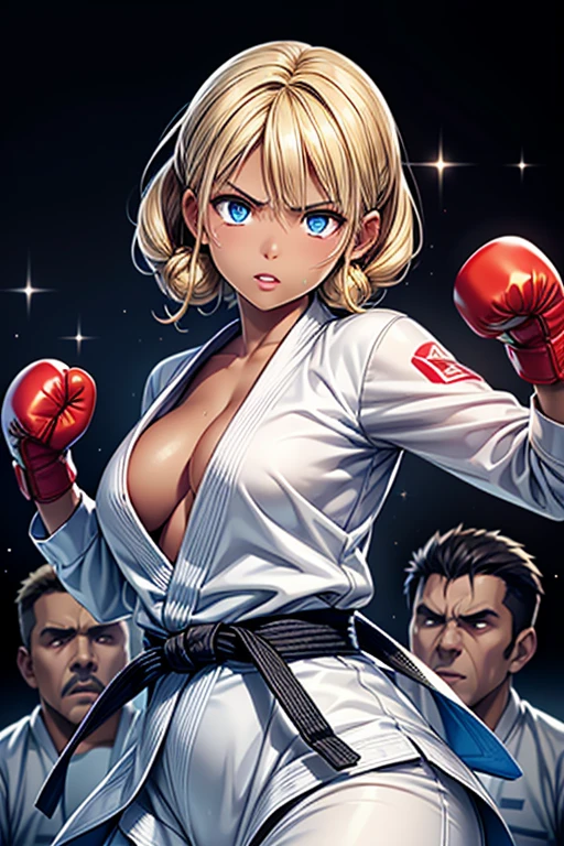 #Basic
A girl posing for a photo, (((One Girl))), (((Baby Face:1.4)) + ((cute:1.4)) + (())),
break
#Clothing Accessories
((judo:1.5)) : Long sleeve,
((Open Finger Gloves)),
break
#Features
((Blonde:1.2)) + ((Wild Bangs)) + ((very long transverse hair)) + ((short hair : Short Hair + Curly hair + Wild Hair:1.4 + Voluminous Hair + Braiding)),
((Droopy eyes:1.4, Big eyes:1.2), blue eyes), (Small breasts:1.2), (中立的な顔のFeatures), (Tanned dark skin:1.4),
break
#background environment
((Fighting Arena, Illuminated ring)),
#Facial Expression Pose
((Serious face, Glare, shout, Open your mouth:1.2)), ((punching, Punch as hard as you can at the camera)),
#composition
((Angle from the front:1.2, Cowboy Shot)),
break
#Body parts elements
(Slim figure),
(Symmetrical facial features),
(Detailed Hair, Beautiful Hair, Shiny Hair),
(double eyelid, Long eyelashes, Thin eyebrows:0.5, Thin eyebrows:0.5),
(Expression of fine eyes, Beautiful and delicate eyes, Sparkling eyes, Eye Reflexes, Glitter Eyeliner),
(Human Ear),
(Beautiful Nose, Thin Nose),
(Glossy Lips, Beautiful Lips, Thick lips),
(Textured skin, Detailed skin, Textured skin, Beautiful Skin, Oily skin),
break
#quality
(((最高quality)), ((masterpiece:1.3)), ((Very detailed))), ((Ultra-high resolution)), ((16K)), ((1080P)), ((Full HD)),
((Anatomically correct)), ((Realistic)), (3DCG), ((Oil painting)),
((comics, anime)), (CG illustration), (RAW Photos),