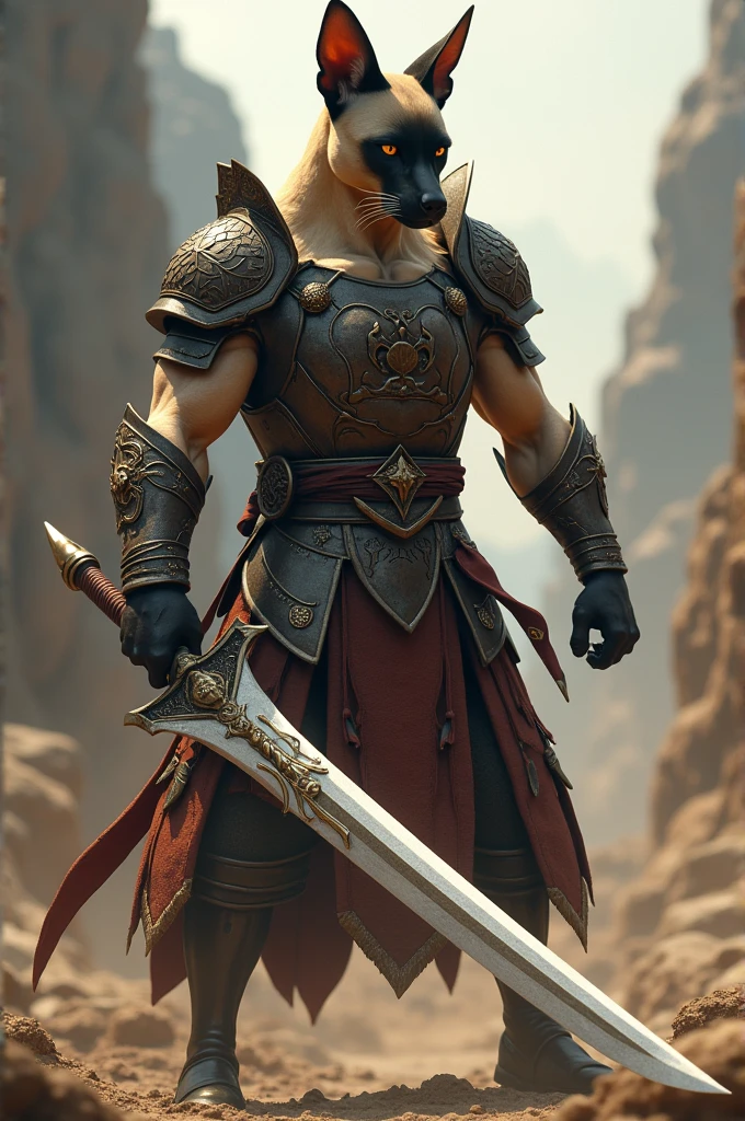 Siamese dog warrior wields a giant sword, tall and tall, wearing brown armor, full body image, cool moves, realistic movie style. fighting posture