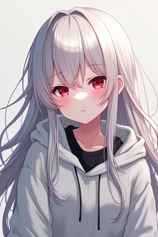 A beautiful anime girl with long white hair and red eyes wearing a white hoodie over a black shirt