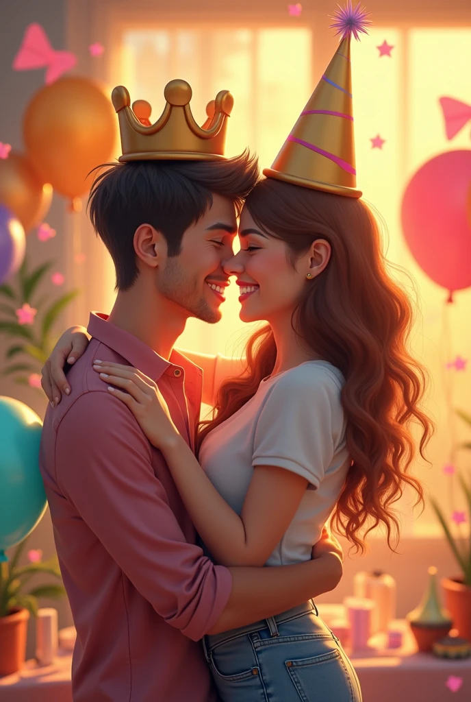 Cute couple goals for me boyfriend on his birthday wishing him with his crown birthday hat on him exactly like this but generate more happy vibe couples

