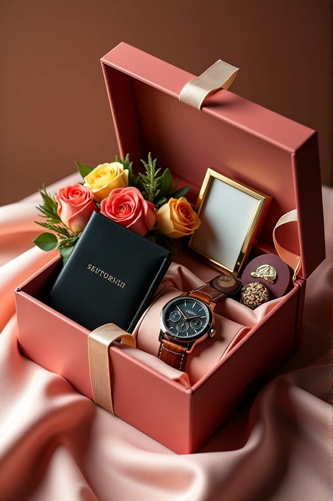 Image of a gift box with a watch box and a phto frame and choclates and flowers