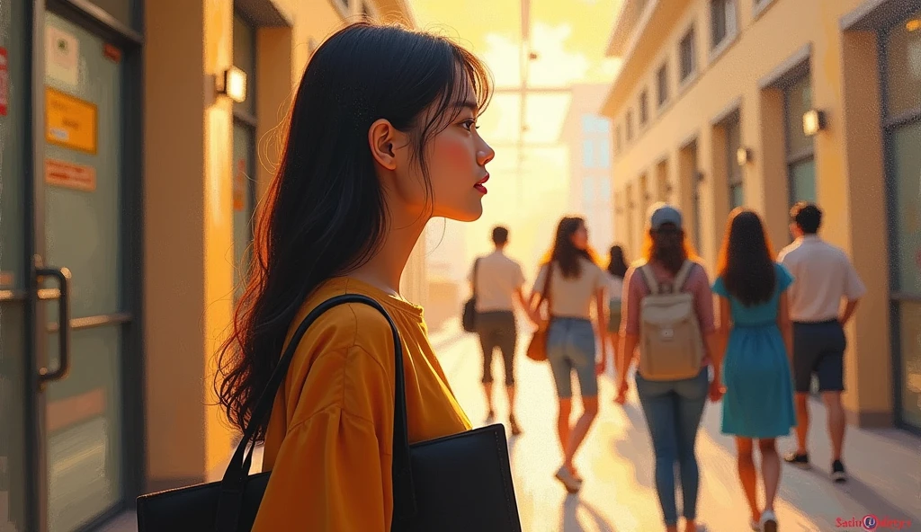 A stunning and oil painting of a young Korean woman, beautifully portrayed with a joyful and melancholic expression. She is standing amidst at her collage corridor, holding her degree, standing with her friends and talking. side view, wide angle shot, adding to the sense of joyful. The painting exhibits a real-like, impressionistic style, with visible brushstrokes that create a sense of depth and texture. The color palette primarily consists of bright warm, evoking a light atmosphere. wide angle shot, realistic, zoom out