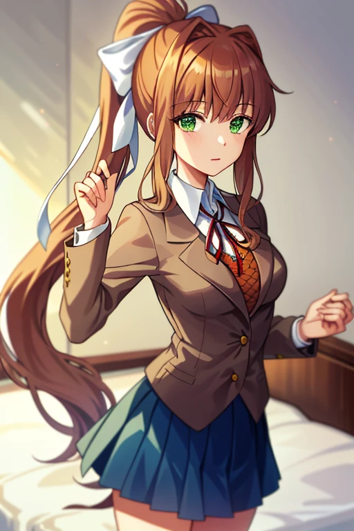 2d, masterpiece, best quality, anime, highly detailed, 1girl, solo, monika, green eyes, brown hair, very long hair, ponytail, hair ribbon, white ribbon, blazer, brown sweater, collared shirt, neck ribbon, blue skirt, bed,