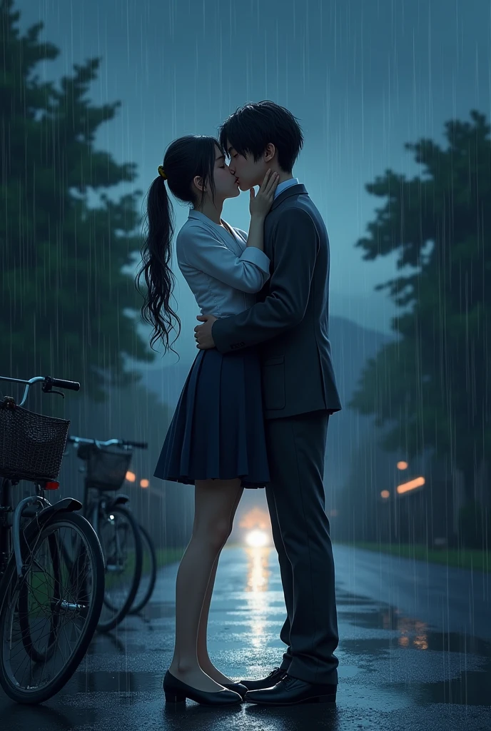 A boy and girl metting in a dark night in the road and in the side of the boy and gurl their was a cycles and it's raining and they were kissing  and a girl wearing takewondo dress and the boy in the kattu and formal t shirts and  the boy hug her and kiss her 