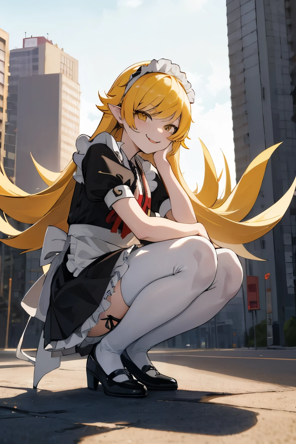 masterpiece, best quality, highres, aashinobu, aged down, long hair, pointy ears, maid headdress, mini-skirt maid, standing, lace stockings, black pumps, (squatting), from below, cowboy shot, smile, fang, outdoors, city