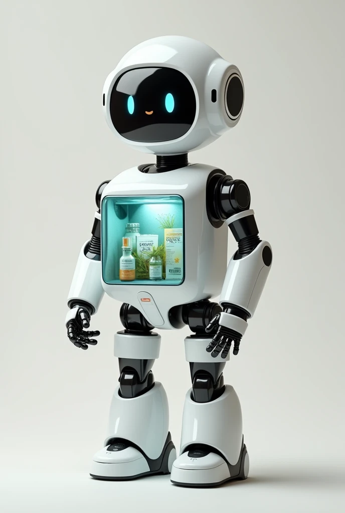 Cute and friendly Service robot with no legs nor arms that can put something inside its square body, tall and have transparent display . Mostly white colour. And slightly black