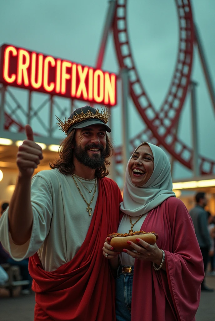 Jesus Christ and Mary stood in front of a theme park rollercoaster named "Crucifixion"
Jesus is wearing a baseball cap with a crown of thorns design whilst pointing at the neon sign showing the name of the ride with a thumbs up.
Mary is stood at his side laughing as she finds the situation hilarious. She is holding a hotdog. 90's 35mm camera shot. Very realistic.