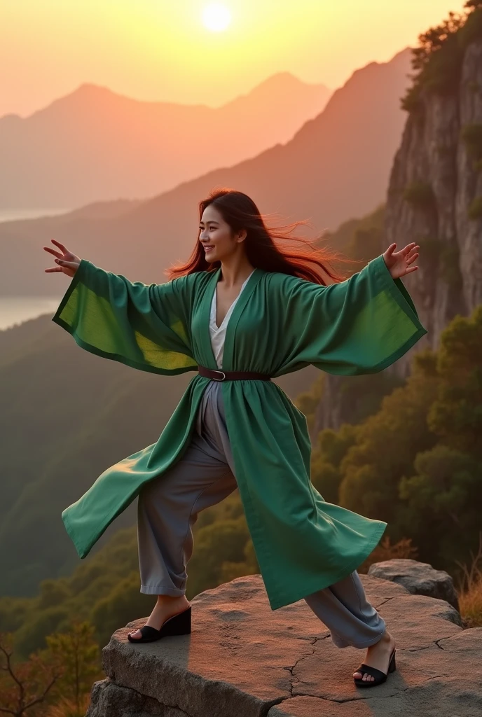 Aerial view. beautiful woman, Born in Thailand and South Korea，Haruno Sakura，There is a diamond mark on the forehead from the anime series &quot;Naruto&quot;.Huangshan sunset 30 years old. Dynamic martial arts on the cliff top. She wore a green cardigan and a deep V-neck grey kimono.，Not fastened . (Round green cardigan getting bigger, Like a balloon about to burst). long black hair. Giggles. Black open toe high heel sandals. High resolution, actual, 8k